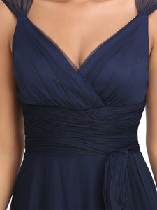 Color=Navy Blue | Floor Length V Neck Evening Gown-Navy Blue 5