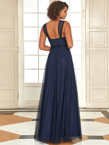 Color=Navy Blue | Floor Length V Neck Evening Gown-Navy Blue 2