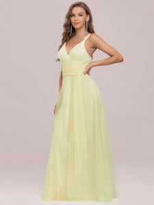 Color=Yellow | Floor Length V Neck Evening Gown-Yellow 9