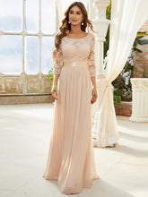 Load image into Gallery viewer, Color=Blush | Elegant Empire Waist Wholesale Bridesmaid Dresses With Long Lace Sleeve-Blush 1