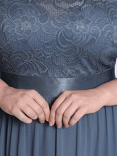 Load image into Gallery viewer, COLOR=Dusty Navy | See-Through Floor Length Lace Evening Dress With Half Sleeve-Dusty Navy 5