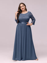 Load image into Gallery viewer, COLOR=Dusty Navy | See-Through Floor Length Lace Evening Dress With Half Sleeve-Dusty Navy 1