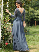 Load image into Gallery viewer, COLOR=Dusty Navy | See-Through Floor Length Lace Evening Dress With Half Sleeve-Dusty Navy 2