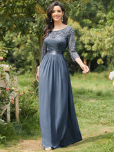 Load image into Gallery viewer, COLOR=Dusty Navy | See-Through Floor Length Lace Evening Dress With Half Sleeve-Dusty Navy 4