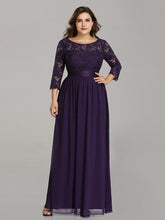 Load image into Gallery viewer, COLOR=Dark Purple | See-Through Floor Length Lace Evening Dress With Half Sleeve-Dark Purple 4