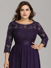 Load image into Gallery viewer, COLOR=Dark Purple | See-Through Floor Length Lace Evening Dress With Half Sleeve-Dark Purple 5