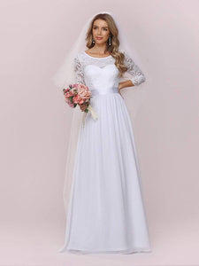 Color=White | Simple Casual Lace & Chiffon Wedding Dress For Bridal-White 6
