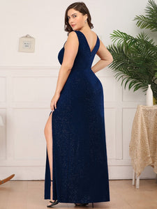 Color=Navy Blue | Plus Size Women Fashion A Line V Neck Long Gillter Evening Dress With Side Split Ep07505-Navy Blue 2