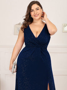 Color=Navy Blue | Plus Size Women Fashion A Line V Neck Long Gillter Evening Dress With Side Split Ep07505-Navy Blue 5