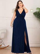 Load image into Gallery viewer, Color=Navy Blue | Plus Size Women Fashion A Line V Neck Long Gillter Evening Dress With Side Split Ep07505-Navy Blue 1