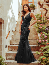 Load image into Gallery viewer, Color=Black | Women'S Double V-Neck Fishtail Seuqin Evening Maxi Dress-Black 5