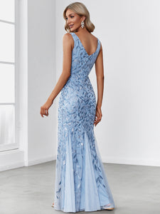 Color=Sky Blue | Classic Fishtail Sequin Wholesale Evening Dresses for Women EP07886-Sky Blue 2