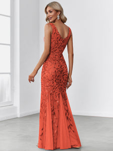 Color=Burnt Orange | Classic Fishtail Sequin Wholesale Evening Dresses for Women EP07886-Burnt Orange 