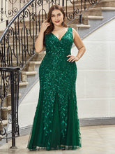 Load image into Gallery viewer, Color=Dark Green | Women&#39;S Double V-Neck Plus Size Fishtail Seuqin Evening Maxi Dress-Dark Green 1