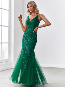 Color=Dark Green | Classic Fishtail Sequin Wholesale Evening Dresses for Women EP07886-Dark Green 