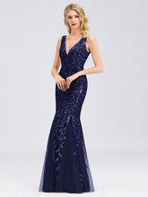 Load image into Gallery viewer, Color=Navy Blue | Women'S Double V-Neck Fishtail Seuqin Evening Maxi Dress-Navy Blue 4