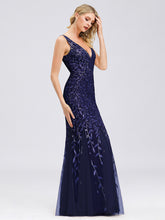 Load image into Gallery viewer, Color=Navy Blue | Women'S Double V-Neck Fishtail Seuqin Evening Maxi Dress-Navy Blue 5