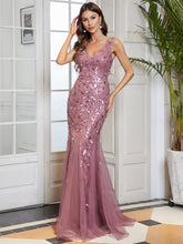 Load image into Gallery viewer, Color=Orchid | Women'S Double V-Neck Fishtail Seuqin Evening Maxi Dress-Orchid 1