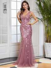 Load image into Gallery viewer, Color=Orchid | Women'S Double V-Neck Fishtail Seuqin Evening Maxi Dress-Orchid 4