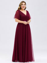 Load image into Gallery viewer, Color=Burgundy | Plus Size Women'S V-Neck A-Line Short Sleeve Floor-Length Bridesmaid Dresses Ep07962-Burgundy 3