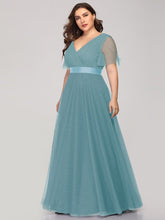 Load image into Gallery viewer, Color=Dusty Blue | Plus Size Women'S V-Neck A-Line Short Sleeve Floor-Length Bridesmaid Dresses Ep07962-Dusty Blue 3