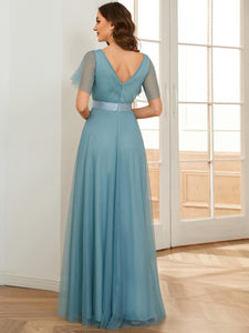 Color=Dusty Blue | Women's V-Neck A-Line Floor-Length Wholesale Bridesmaid Dresses EP07962-Dusty Blue 