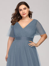 Load image into Gallery viewer, Color=Dusty Navy | Plus Size Women'S V-Neck A-Line Short Sleeve Floor-Length Bridesmaid Dresses Ep07962-Dusty Navy 5