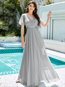 Color=Grey | Women's V-Neck A-Line Floor-Length Wholesale Bridesmaid Dresses EP07962-Grey 38