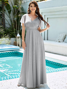 Color=Grey | Women's V-Neck A-Line Floor-Length Wholesale Bridesmaid Dresses EP07962-Grey 37