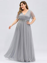 Load image into Gallery viewer, Color=Grey | Plus Size Women&#39;S V-Neck A-Line Short Sleeve Floor-Length Bridesmaid Dresses Ep07962-Grey 3