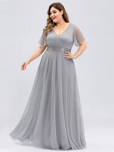 Color=Grey | Plus Size Women'S V-Neck A-Line Short Sleeve Floor-Length Bridesmaid Dresses Ep07962-Grey 3