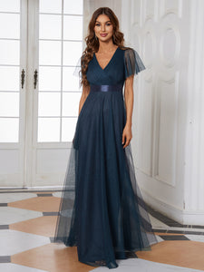 Color=Navy Blue | Women's V-Neck A-Line Floor-Length Wholesale Bridesmaid Dresses EP07962-Navy Blue 13
