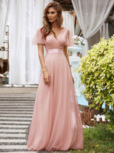 Load image into Gallery viewer, Color=Pink | Women's V-Neck A-Line Floor-Length Wholesale Bridesmaid Dresses EP07962-Pink
