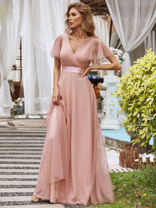 Color=Pink | Women's V-Neck A-Line Floor-Length Wholesale Bridesmaid Dresses EP07962-Pink 