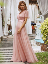 Load image into Gallery viewer, Color=Pink | Women's V-Neck A-Line Floor-Length Wholesale Bridesmaid Dresses EP07962-Pink