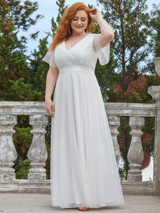 Color=White | Plus Size Women'S V-Neck A-Line Short Sleeve Floor-Length Bridesmaid Dresses Ep07962-White 1