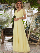Load image into Gallery viewer, Color=Yellow | Women's V-Neck A-Line Floor-Length Wholesale Bridesmaid Dresses EP07962-Yellow