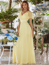 Load image into Gallery viewer, Color=Yellow | Women's V-Neck A-Line Floor-Length Wholesale Bridesmaid Dresses EP07962-Yellow