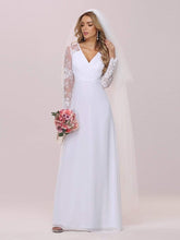 Load image into Gallery viewer, Color=White | Minimalist V-Neck Chiffon Wedding Dress With Long Sleeves-White 7
