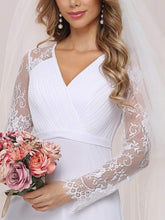 Load image into Gallery viewer, Color=White | Minimalist V-Neck Chiffon Wedding Dress With Long Sleeves-White 8