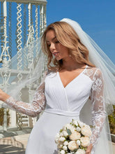 Load image into Gallery viewer, Color=White | Minimalist V-Neck Chiffon Wedding Dress With Long Sleeves-White 4