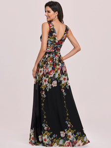 Color=Black & Printed | Double V-Neck Elegant Maxi Long Wholesale Evening Dresses-Black & Printed 2