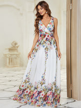 Load image into Gallery viewer, Color=Cream & Printed | Double V-Neck Elegant Maxi Long Wholesale Evening Dresses-Cream & Printed 1