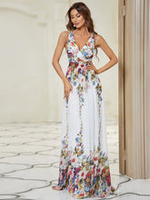 Load image into Gallery viewer, COLOR=Printed Cream | Sleeveless V-Neck Semi-Formal Chiffon Maxi Dress-Printed Cream 4