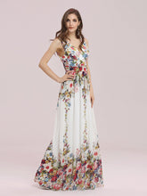 Load image into Gallery viewer, COLOR=Printed Cream | Sleeveless V-Neck Semi-Formal Chiffon Maxi Dress-Printed Cream 3