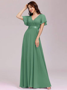 COLOR=Green Bean | Long Empire Waist Evening Dress With Short Flutter Sleeves-Green Bean 6