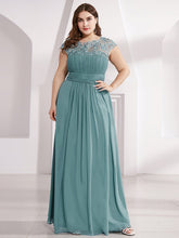 Load image into Gallery viewer, Color=Dusty Blue | Lacey Neckline Open Back Ruched Bust Plus Size Evening Dresses-Dusty Blue 4