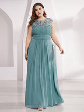 Load image into Gallery viewer, Color=Dusty Blue | Lacey Neckline Open Back Ruched Bust Plus Size Evening Dresses-Dusty Blue 1