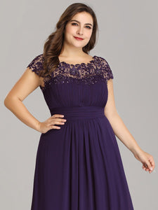 Color=Dark Purple | Lacey Neckline Open Back Ruched Bust Plus Size Evening Dresses-Dark Purple 5