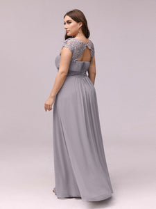 Color=Grey | Lacey Neckline Open Back Ruched Bust Plus Size Evening Dresses-Grey  6